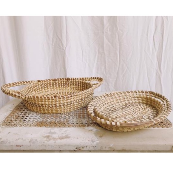 Handmade Coiled Straw Rattan Oblong Handle Baskets
